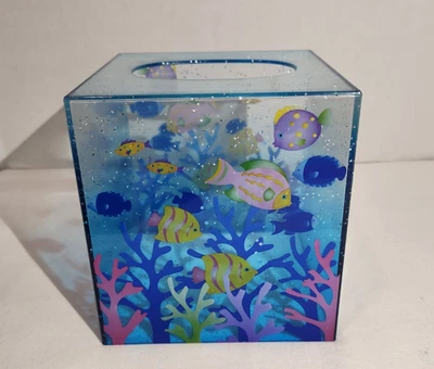 Тканевая коробка чехол блестящий синий тропические рыбы морской коралл океан декор для ванной - Изображение 1 из 4