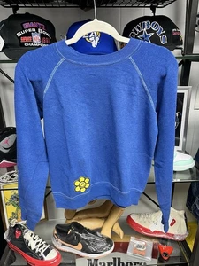 Vintage 1970s Blue Blank Smiley Daisy Hippy Patched Sweatshirt Size Youth Large - Picture 1 of 7