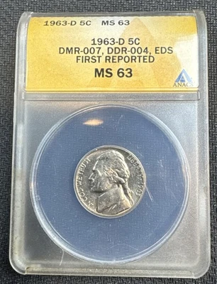 Rare! Discovery Coin! 1963-D Jefferson DDR-004  ANACS MS63 1st cert by ANACS !  - Image 1 of 4