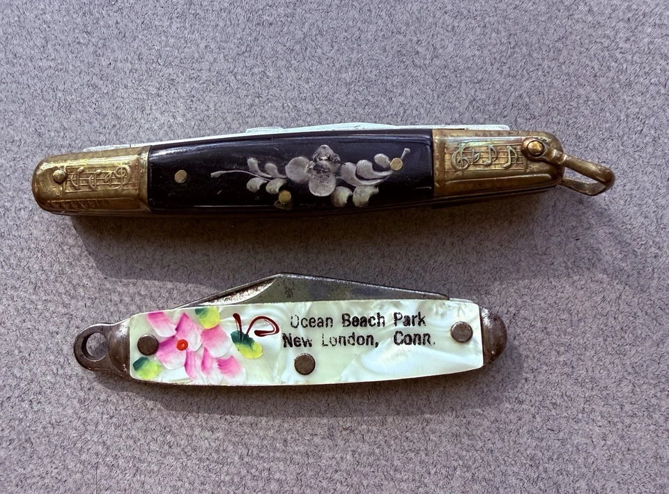 ANTIQUE Pocket Knife Ladies Pen Knives Hand Painted Music Design Scissors Floral - Image 1 of 4