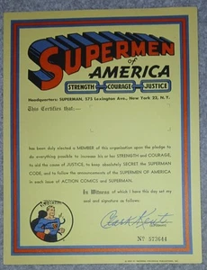 1965 SUPERMEN OF AMERICA CERTIFICATE - Last Year - Unused Superman Item - Picture 1 of 2
