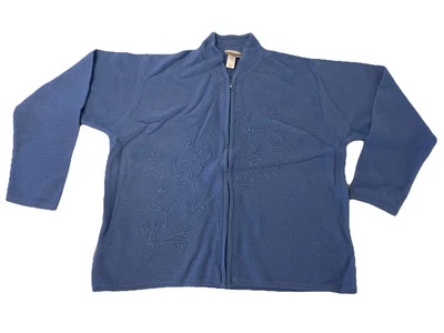 Vintage Coldwater Creek 100% Wool 1x Blue Zip Up Cardigan W/ Floral Pattern - Image 1 of 4