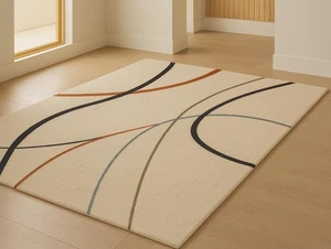 Alfombra moderna acolchada a mano: diseño lineal minimalista, marfil con negro, óxido, verde - Imagen 1 de 5