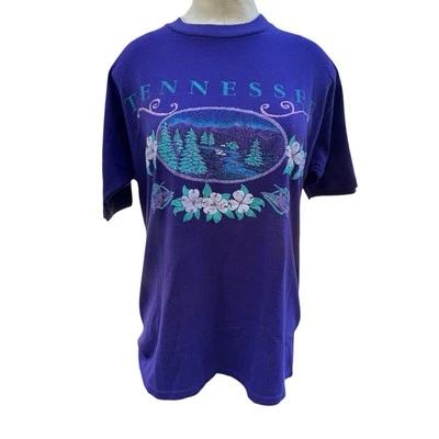 Camiseta vintage años 90 puntada única púrpura Jerzees GRANDE Tennessee Mountains rosa Foto 1 de 4