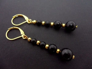 A PAIR 6-8-10MM BLACK ONYX DANGLY LEVERBACK HOOK EARRINGS NEW - Picture 1 of 1