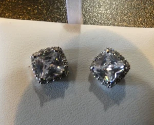 Solid Sterling Silver Cubic Zirconia Square Post Earrings - Picture 1 of 5