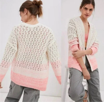 Cárdigan Suéter Anthropologie Tejido Crochet Talla S Frente Abierto Faustia Blanco Rosa Foto 1 de 4