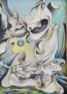 MODERNIST ABSTRACTED PAINTING IN PASTEL BY JUNE CHURCHES 1986     P306 - Picture 1 of 4