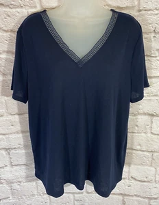 Nanette Lepore Linen Blend Shirt XL Navy Blue Lattice Trim Neckline Top 9536 - Picture 1 of 5