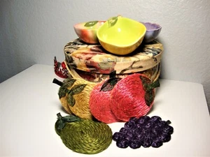 Fruit Motif Fabric Wrap Hat Box, Raffia Fruit (6) Coasters, Set (3) Fruit Bowls - Picture 1 of 14