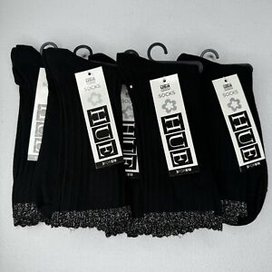 HUE Womens Scalloped Pointelle Black Silver Trim Crew Socks One Size 5 Pairs NEW