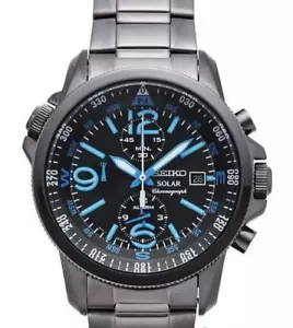 SEIKO SOLAR SSC079P1 Chronograph Watch Blue Indices Black Alarm Steel V172 - Picture 1 of 2
