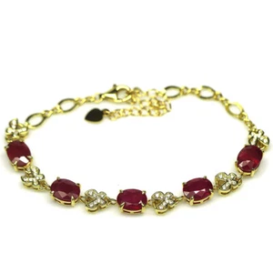 Gemstone 6 x 8 mm. Red Ruby & White Zircon Bracelet 8.5" 925 Silver 18K Gold - Picture 1 of 5