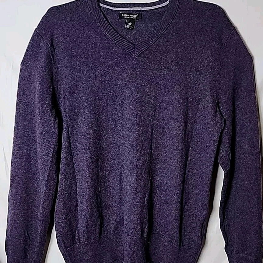 Banana Republic Men L Cotton Cashmere Purple Vneck Pullover Long Sleeve Sweater - Image 1 of 4