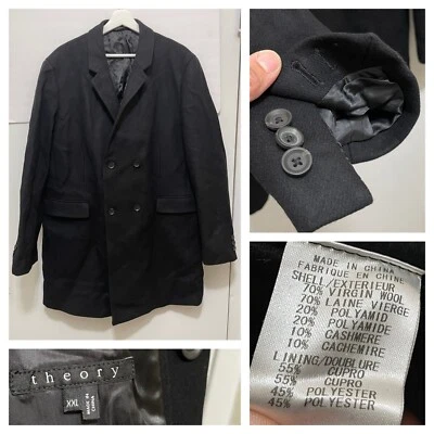 THEORY Mens Black Wool Cashmere double breasted top coat overcoat peacoat XXL - Image 1 of 4