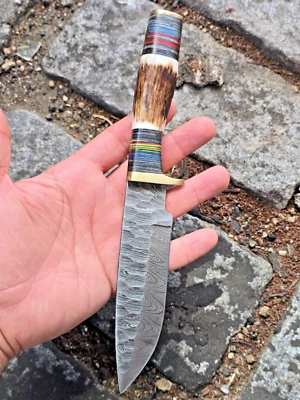 Handmade Damascus Steel Fix Blade Bowie Knife HuntingOriginal Stag Antler Handle - Image 1 of 4