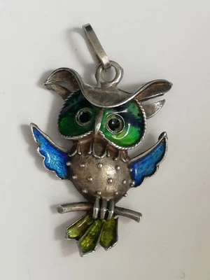 Spettacolare Ciondolo Gufo Anni '70 In Argento 800 E smalti - Immagine 1 di 4