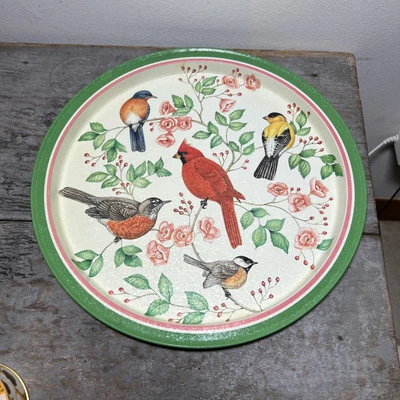 Vtg Potpourri Designs Denny Burkhart Cardinal Gold Finch Bird Round Metal Tray - Image 1 of 4
