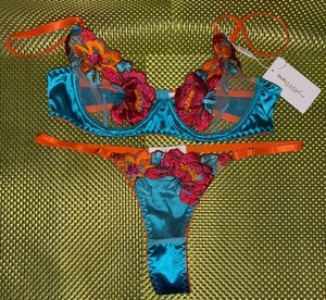 Hello LA Girl Blue, Pink & Orange Lace Underwire Bra & Thong Set – Size Small - Picture 1 of 9