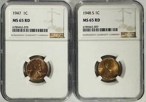 1947-P & 1948-S Lincoln Cent NGC MS65 RD ( Best Price On eBay) # OA 245 - Picture 1 of 4