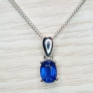 7x5mm OVAL GENUINE ROYAL BLUE KYANITE 925 STERLING SILVER PENDANT CHAIN NECKLACE - Picture 1 of 3