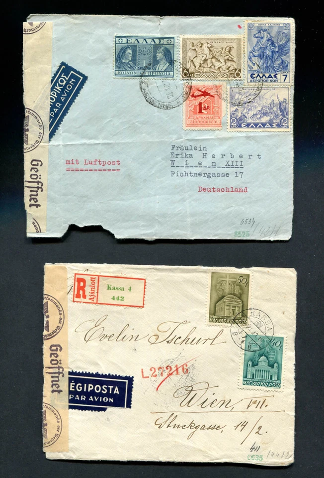 Hungary / Greece WW II : 2 cover fronts with censorship cancels - sent to Vienna - Image 1 of 1
