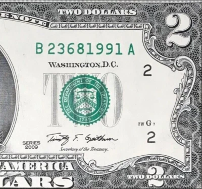 TRAILING YEAR 1991 (B 2368 1991 A) $2 Two Dollar Bill Serial Number 2009 *UNC* - Image 1 of 3