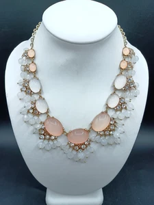 Vintage Style Moonglow Lucite Necklace Pink White Cab Bead Dangle Crystal - Picture 1 of 6