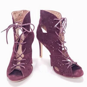 Joie Raquel Bordeaux Burgundy Suede Lace Up Bootie Heels Size EU 36.5 US 6.5 - Picture 1 of 12
