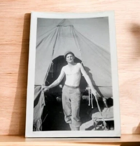 US Soldier in Uniform WWII Era Shirtless in Front of My Tent Original Photo - Picture 1 of 5