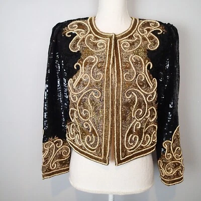 Chaqueta Top Creative Creations De Colección Cuentas Lentejuelas Negro Dorado Seda Arte Talla M Blazer Foto 1 de 4