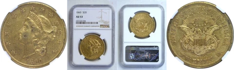 1860 $20 Gold Coin NGC AU-53 Cover