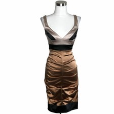 N648 NICOLE MILLER Studio Designer Dress Size 0 XS Brown Black Satin Sheath Slim