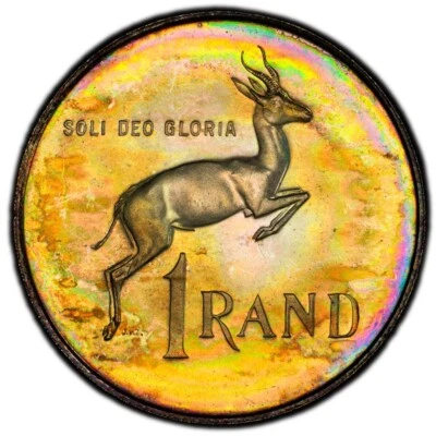 PR64 1967 South Africa Silver 1 Rand Proof, PCGS Trueview- Rainbow Toned - Image 1 of 4