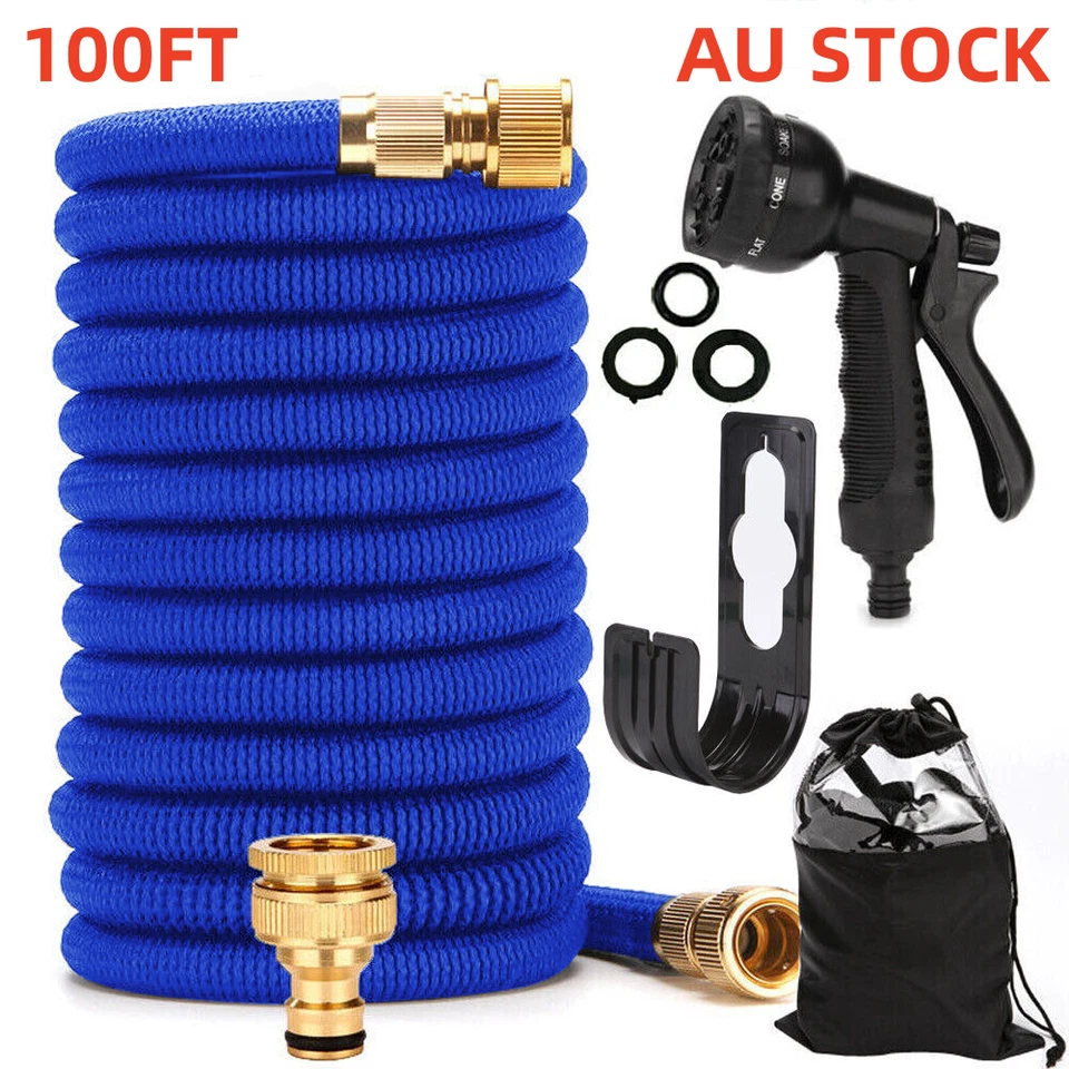 100FT Expandable Flexible Garden Water Hose Pipe Spray Gun Blue Garden Hose Pipe - image 1 of 4