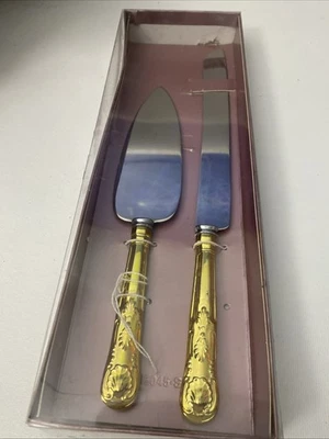 Hortense B. Hewitt Accesorios de Boda Pastel Mango Dorado Cuchillo Juego de Servidor. V78 Foto 1 de 4