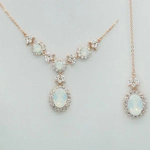 Beautiful White Opal & Diamond 14K Rose Gold Over Back Drop Bridal Necklace 18" - Picture 1 of 5