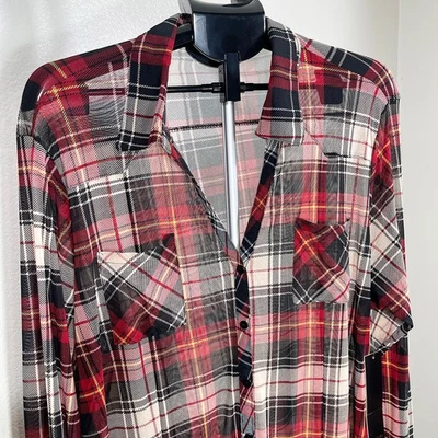 Always Indigo Plaid Print Blouse Women's Size 2X Button Down Tab Sleeve NWT - Image 1 of 4