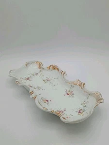 Vintage Limoges France Oval Platter — Floral Gold Painted Porcelain Jewelry Dish - Picture 1 of 15
