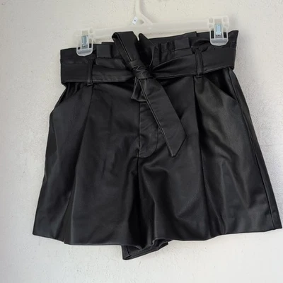 Zara High Waist Paper bag Leather Shorts Women's 24 Black Snap Front Minimalist - Image 1 of 4