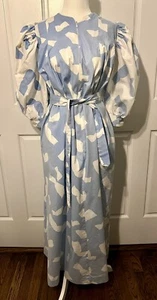 Vtg 1970/80s David Brown California House Dress Kaftan Blue White Puff Sleeves - Picture 1 of 8