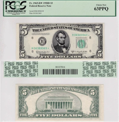 1950-D $5 Federal Reserve Note St. Louis District Star FR 1965-H* PCGS 63PPQ - Image 1 of 4