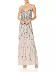 Maxi Vestido ADRIANNA PAPELL Platino Plata Floral Cuentas Adornado Malla 16 = XL - Imagen 1 de 3