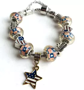 Military Wife Heart US Flag Star Charm Bracelet Enameled Patriotic 6.75" - Picture 1 of 4
