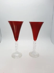 Crystal D'Arques  NOEL Red Champagne Wine Glass Set 2 France Christmas 9.5" tall - Picture 1 of 12