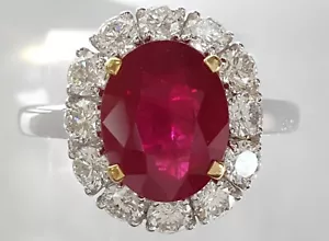 Oval Burma Ruby & Diamond Halo Ring 4.12 ct 18k White Gold - Picture 1 of 12