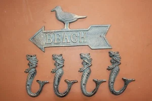 (5),Antique-look Mermaid Bathroom Towel Hooks with Seagull Wall Plaque,Cast Iron - Picture 1 of 6