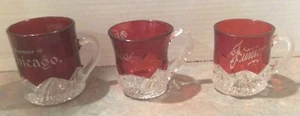 Antique Ruby Red Flash Glass Souvenir Glasses, Cups Etched Lot of 3 - Chicago, - Picture 1 of 11