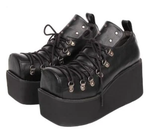 Womens Fashion Punk Gothic Square Toe Lace Up Platform Shoes Creeper Muffins - Picture 1 of 8
