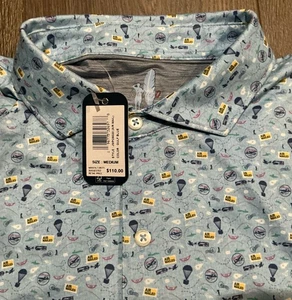 NEW JOHNNIE O Featherweight Golf Polo Blue Air Mail Print Size Medium MSRP $110 - Picture 1 of 7